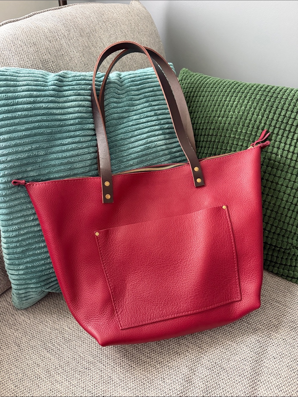 Portland Leather Red Leather Tote Bag with Brown Straps New Unicorn